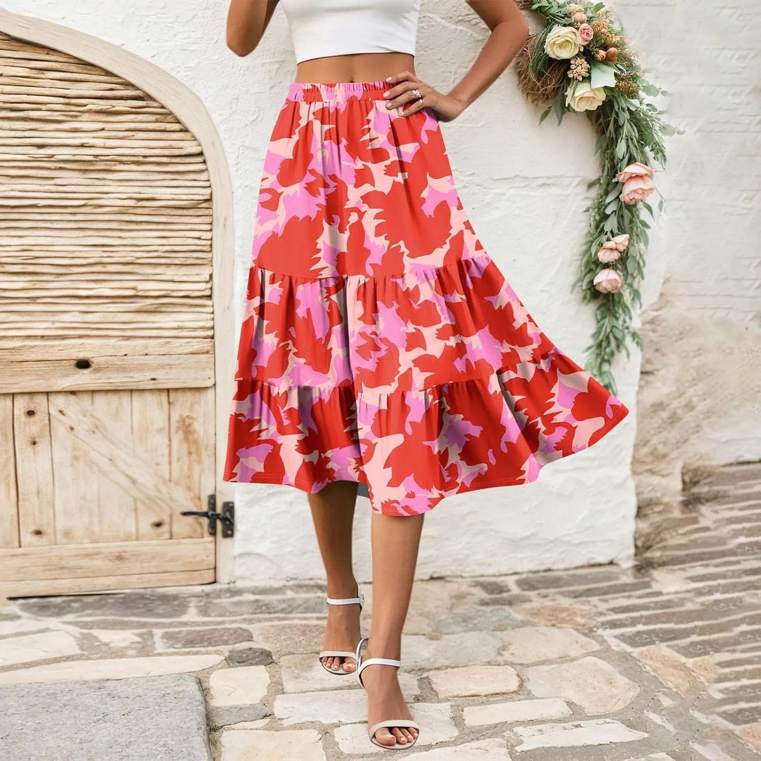 midi Tiered Skirts for Women Summer Boho Floral Long Ruffle Flowy high Elastic Waist a line Skirts Vacation Skort