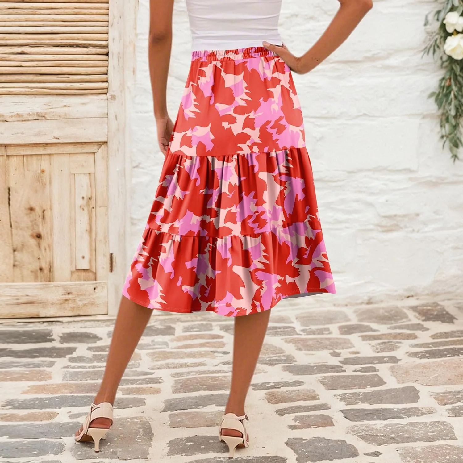 midi Tiered Skirts for Women Summer Boho Floral Long Ruffle Flowy high Elastic Waist a line Skirts Vacation Skort