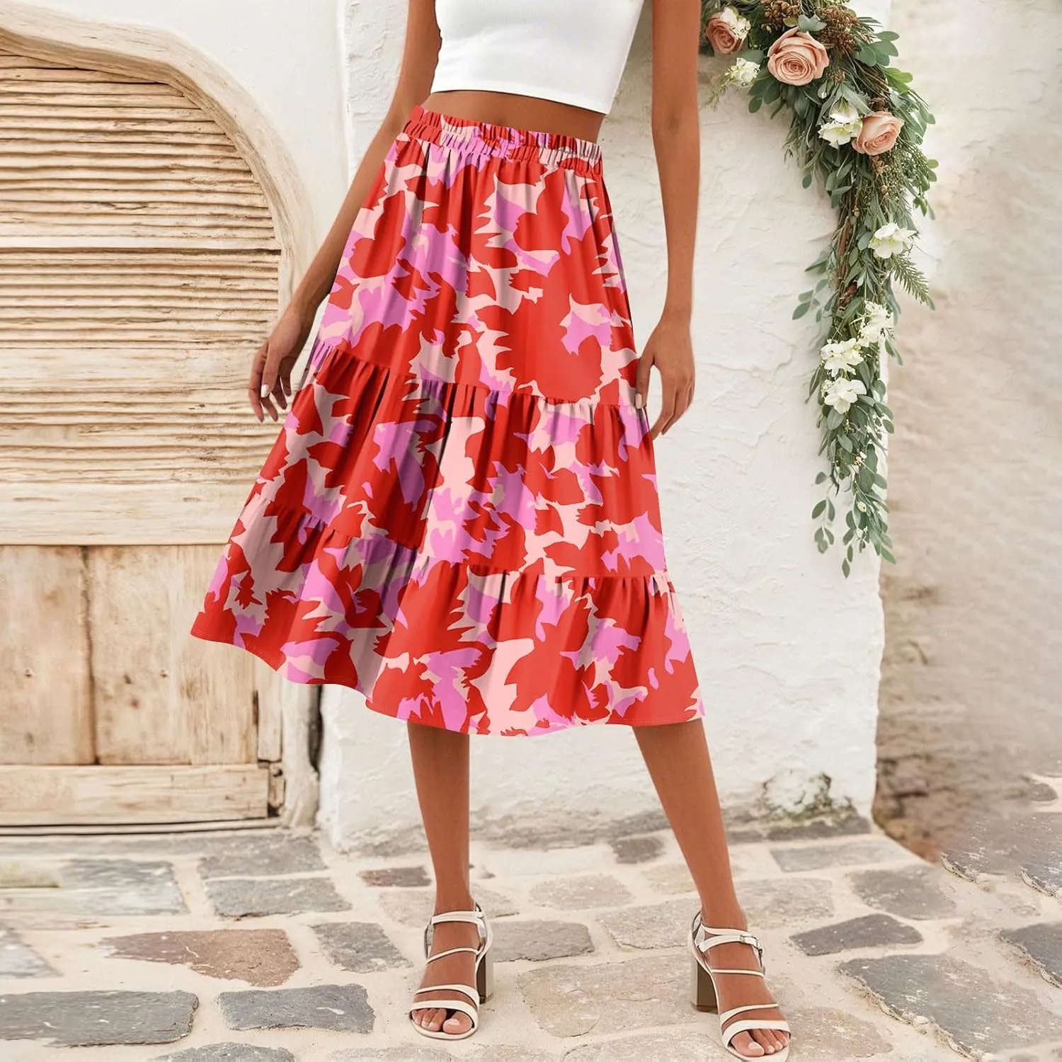 midi Tiered Skirts for Women Summer Boho Floral Long Ruffle Flowy high Elastic Waist a line Skirts Vacation Skort