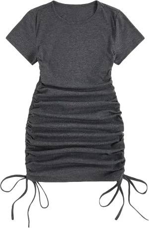 Milumia Women's Casual Rib Knit Short Sleeve Drawstring Ruched Bodycon Mini T Shirt Dress