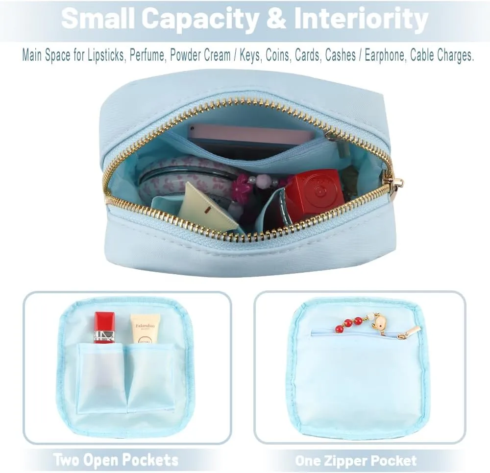 Mini Makeup Bag Pouch for Purse Mini Toiletry Bag for Women Zipper Wallet Coins Purse Water-resistant Nylon Zipper Pouch with Three Pocket (S,Light Blue)