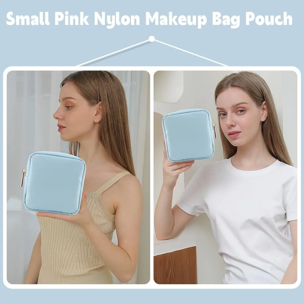 Mini Makeup Bag Pouch for Purse Mini Toiletry Bag for Women Zipper Wallet Coins Purse Water-resistant Nylon Zipper Pouch with Three Pocket (S,Light Blue)