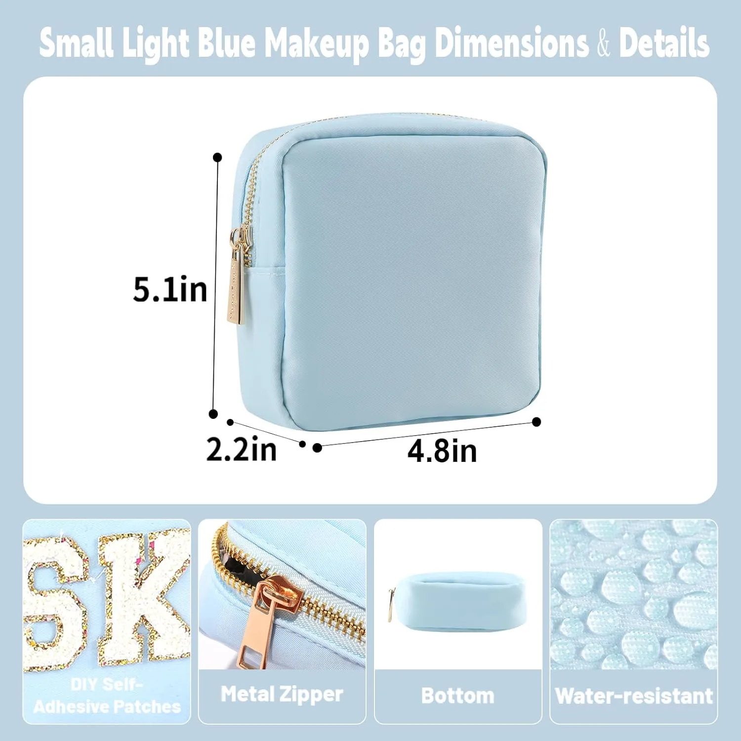Mini Makeup Bag Pouch for Purse Mini Toiletry Bag for Women Zipper Wallet Coins Purse Water-resistant Nylon Zipper Pouch with Three Pocket (S,Light Blue)