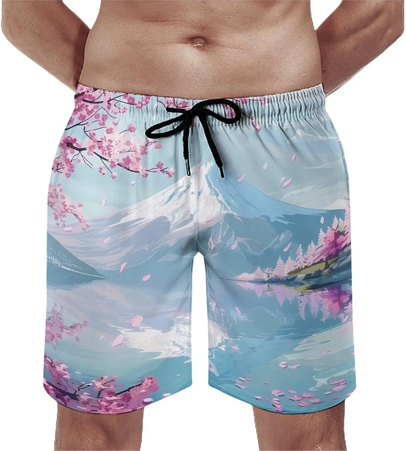 Mount Fuji Cherry Flowers Men's Swim Trunks Quick Dry Board Shorts Breathable Summer Beach Shorts Bathing Suits