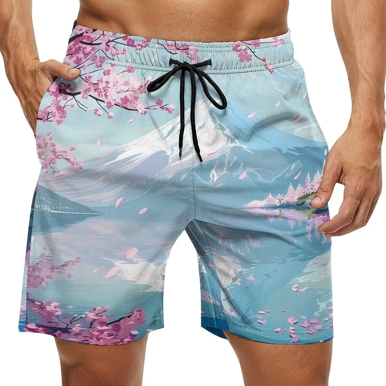 Mount Fuji Cherry Flowers Men's Swim Trunks Quick Dry Board Shorts Breathable Summer Beach Shorts Bathing Suits