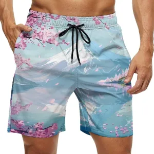Mount Fuji Cherry Flowers Men's Swim Trunks Quick Dry Board Shorts Breathable Summer Beach Shorts Bathing Suits