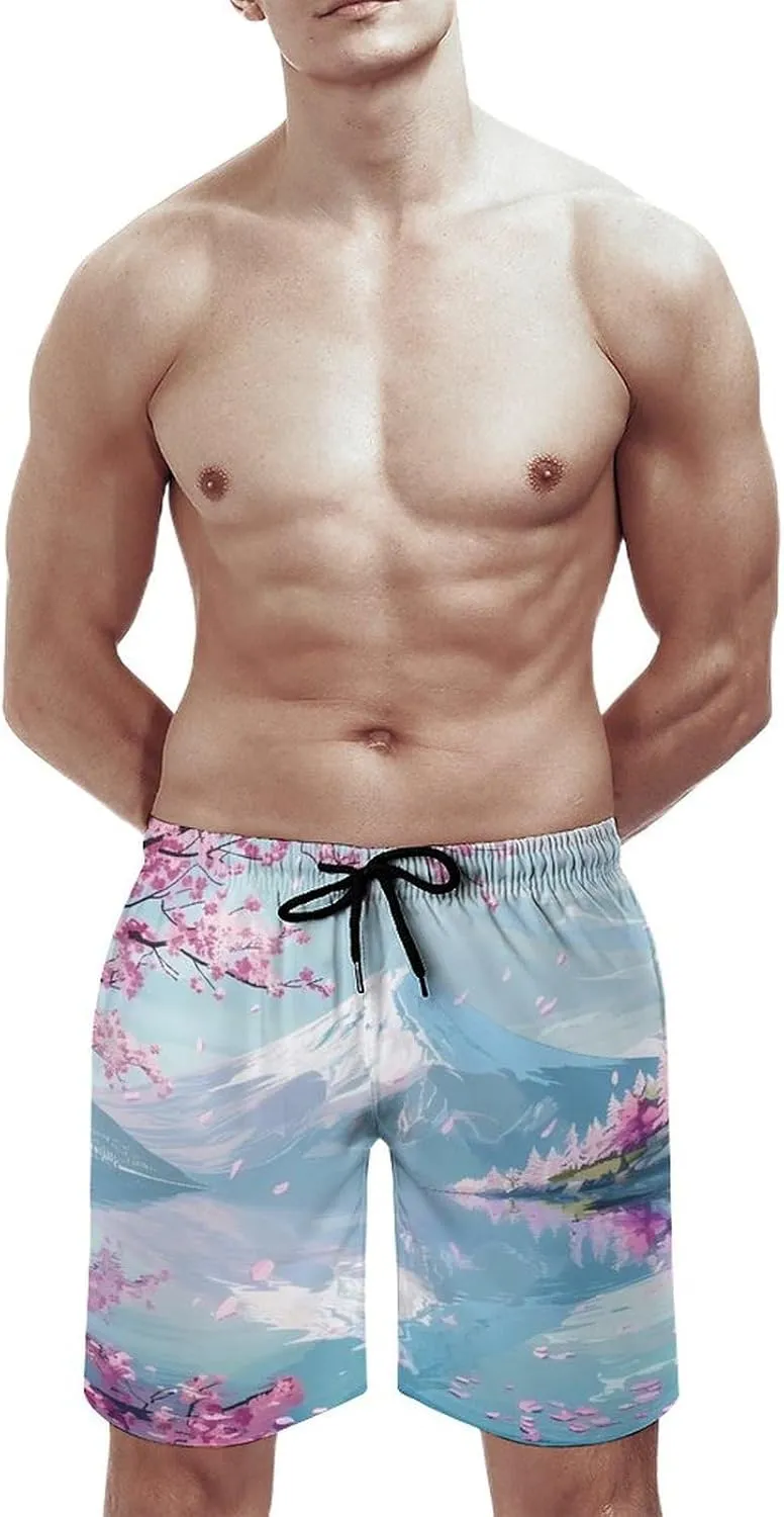 Mount Fuji Cherry Flowers Men's Swim Trunks Quick Dry Board Shorts Breathable Summer Beach Shorts Bathing Suits