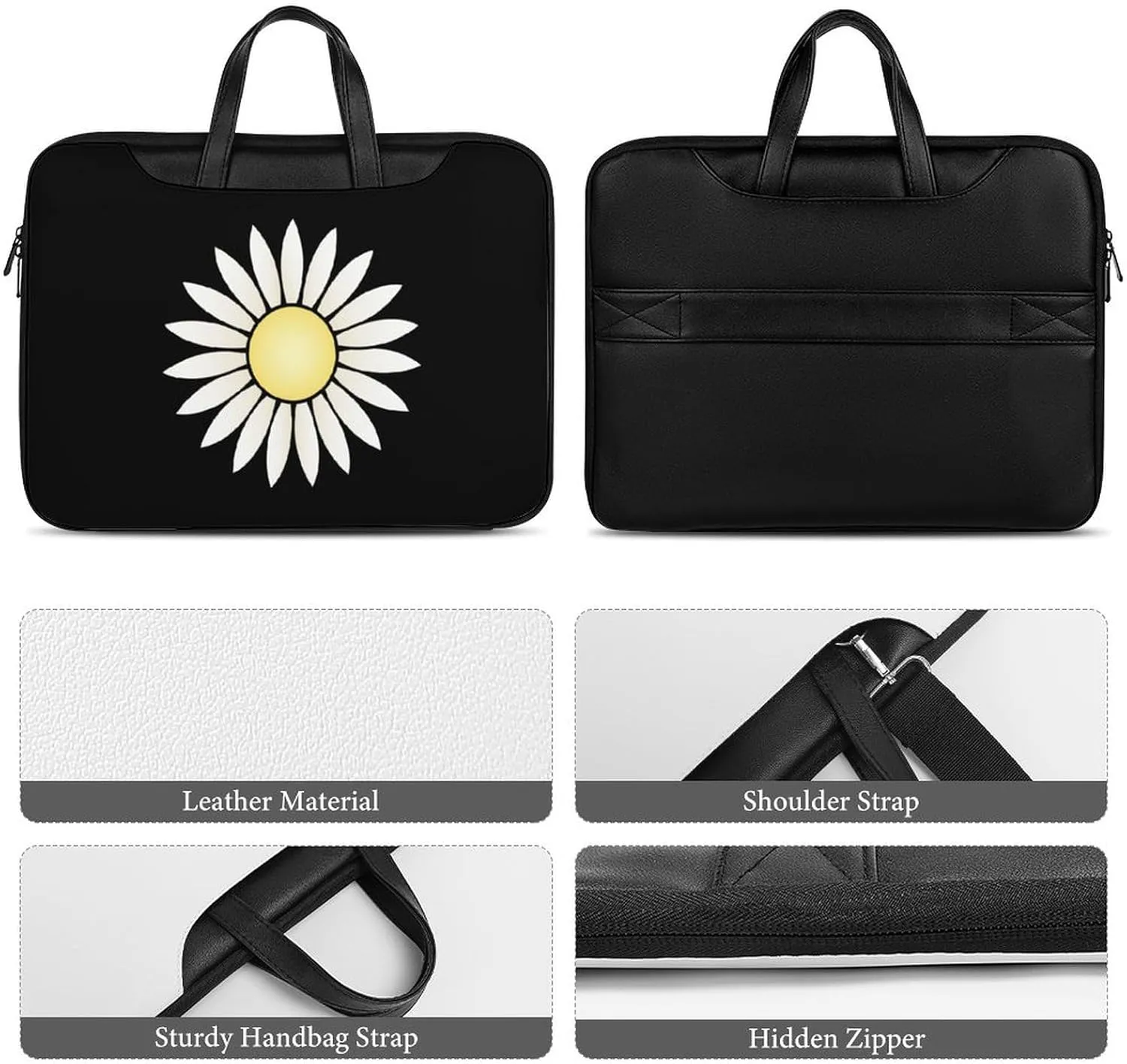 Nature Flowers Daisy Leather Bag Laptop Case Slim Water Resistant Computer Bags with Handle Briefcase for Work