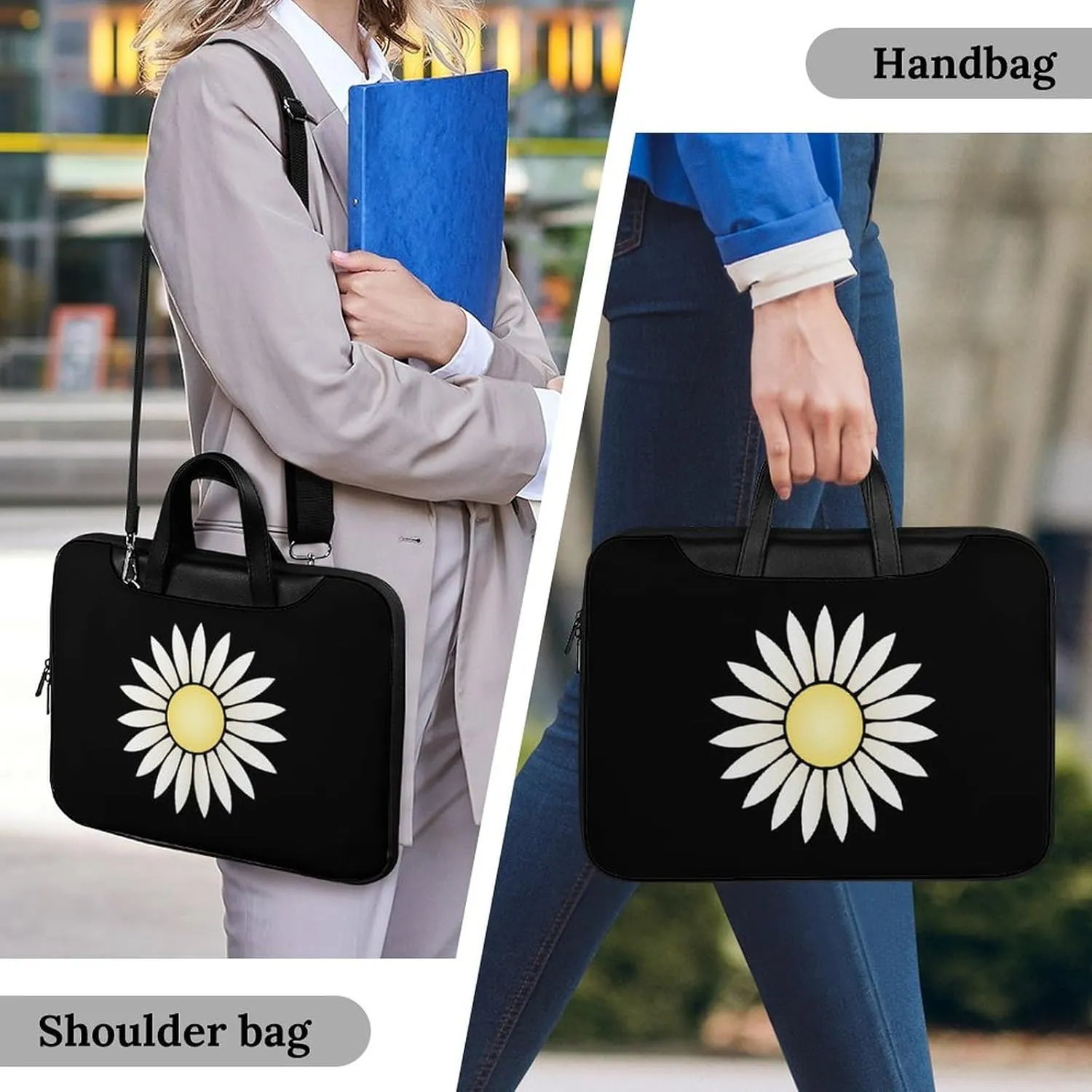 Nature Flowers Daisy Leather Bag Laptop Case Slim Water Resistant Computer Bags with Handle Briefcase for Work