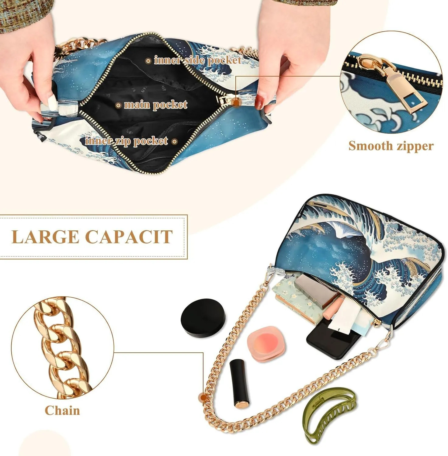 Nautical Blue Watercolor Waves Small Shoulder Bag for Women, Cute Shoulder Bags Aesthetic