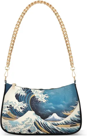 Nautical Blue Watercolor Waves Small Shoulder Bag for Women, Cute Shoulder Bags Aesthetic