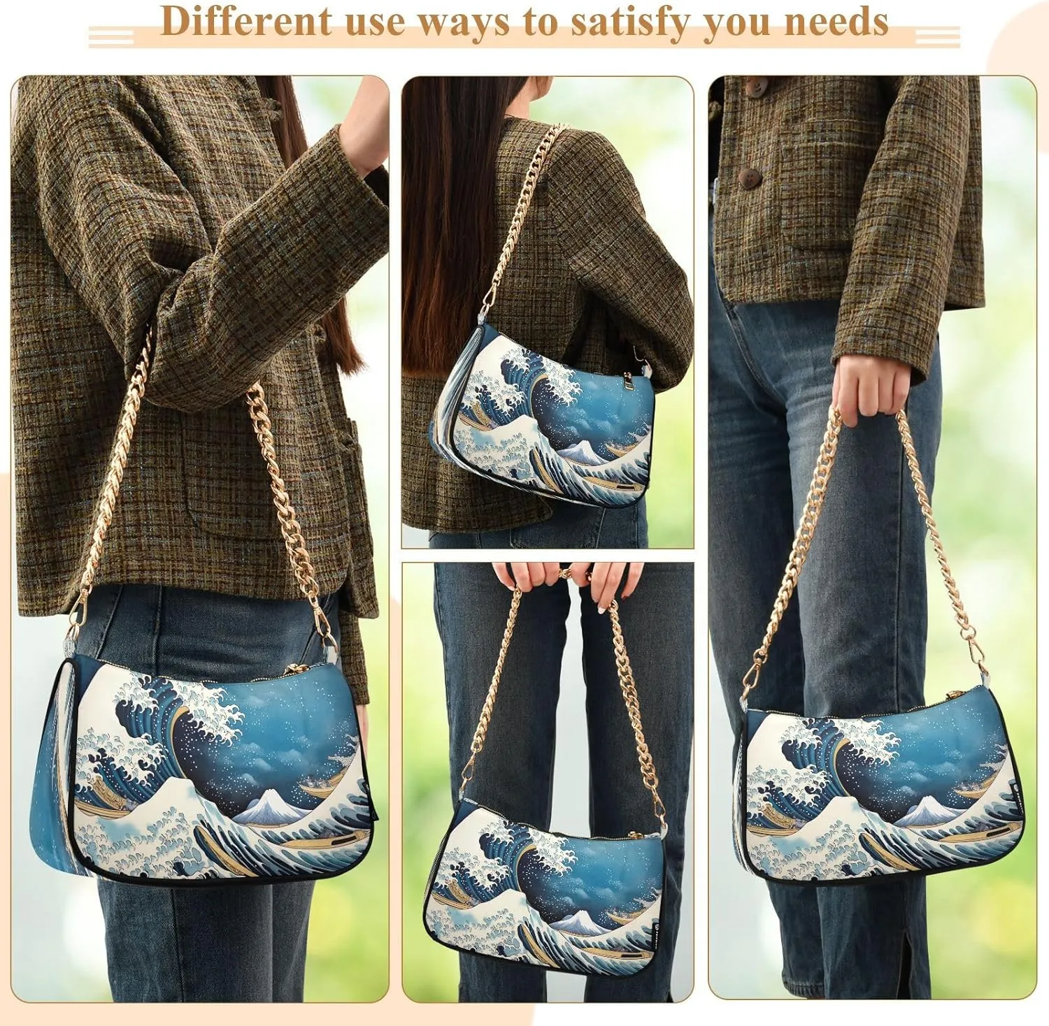 Nautical Blue Watercolor Waves Small Shoulder Bag for Women, Cute Shoulder Bags Aesthetic