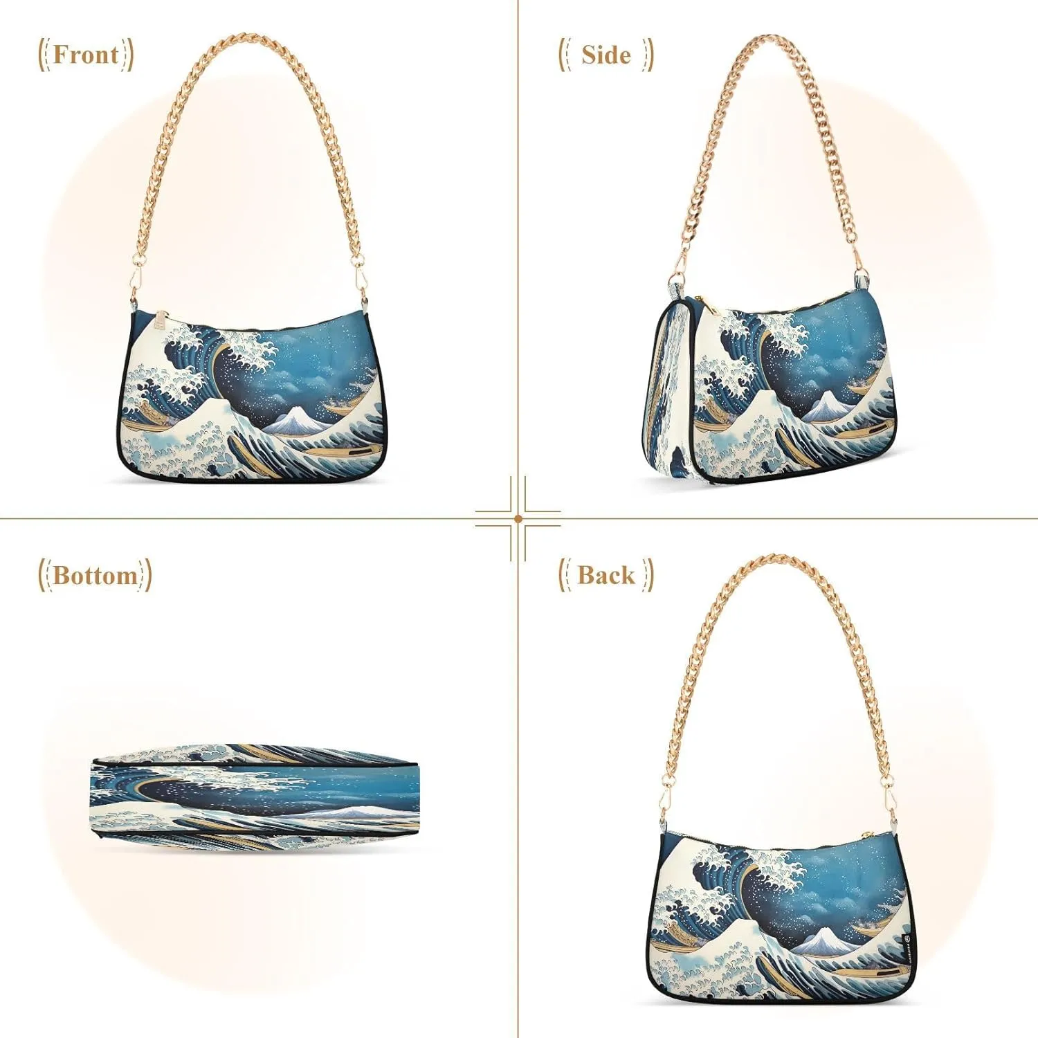 Nautical Blue Watercolor Waves Small Shoulder Bag for Women, Cute Shoulder Bags Aesthetic
