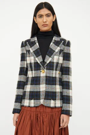 Navy & Cream Plaid Button Blazer