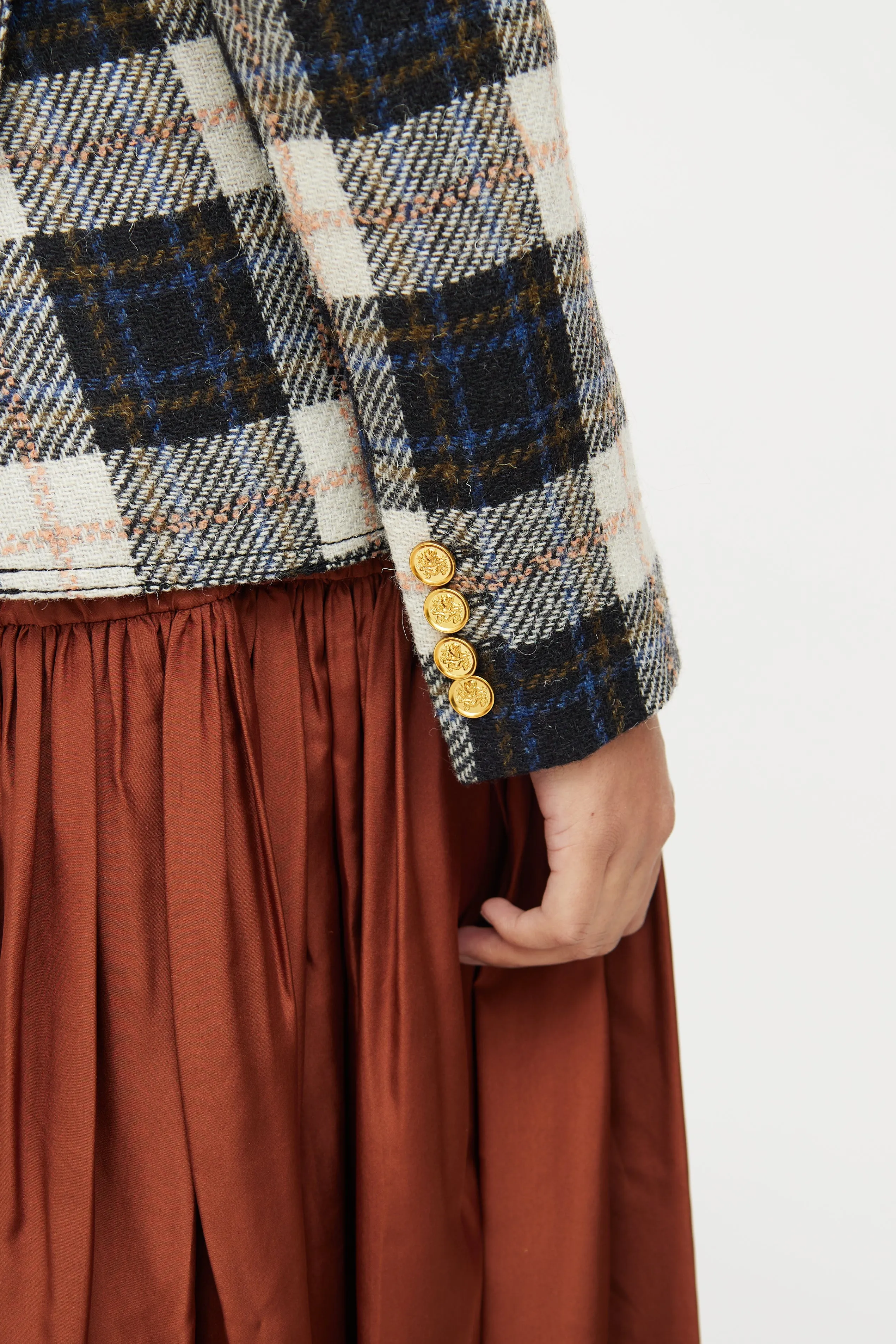 Navy & Cream Plaid Button Blazer