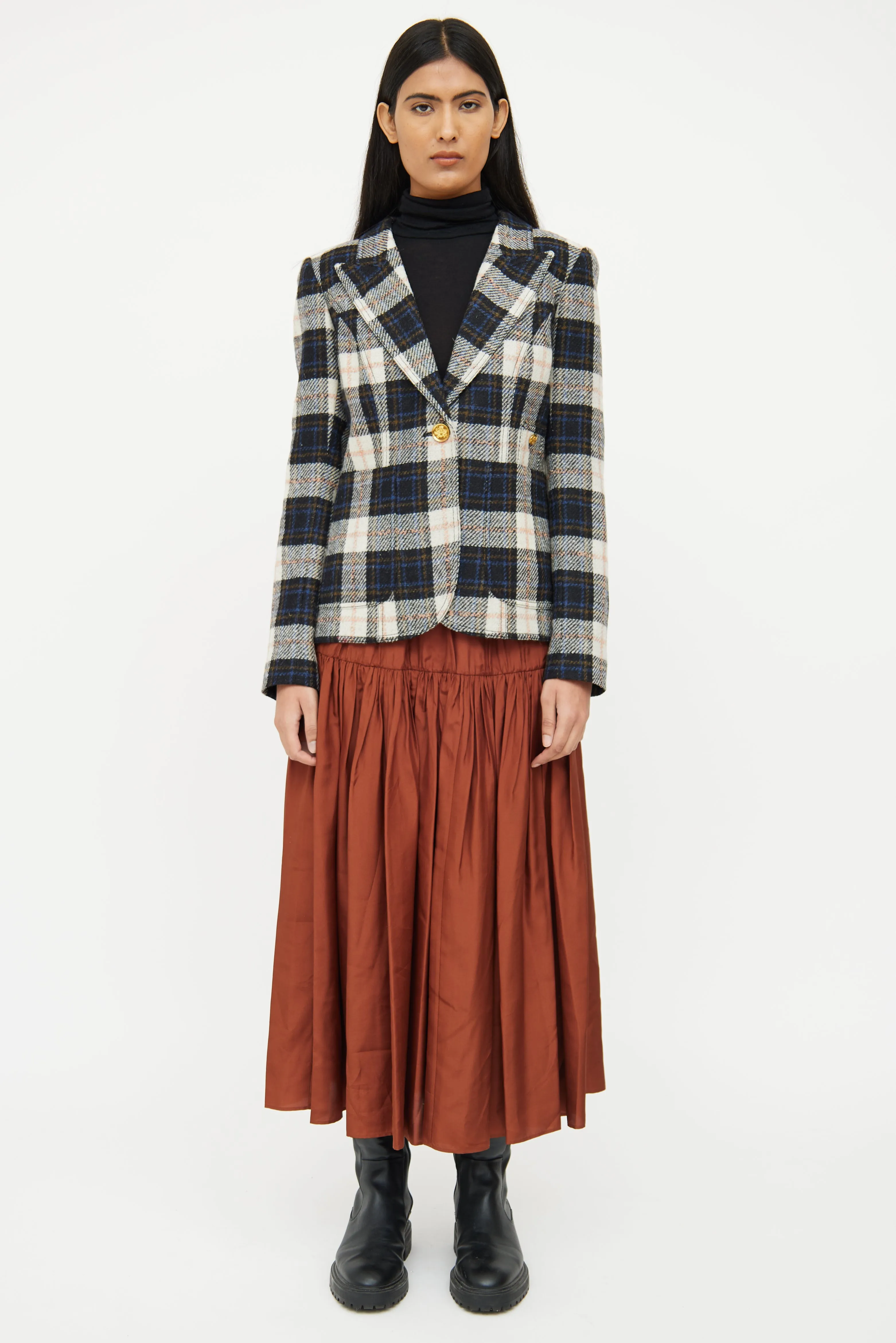 Navy & Cream Plaid Button Blazer