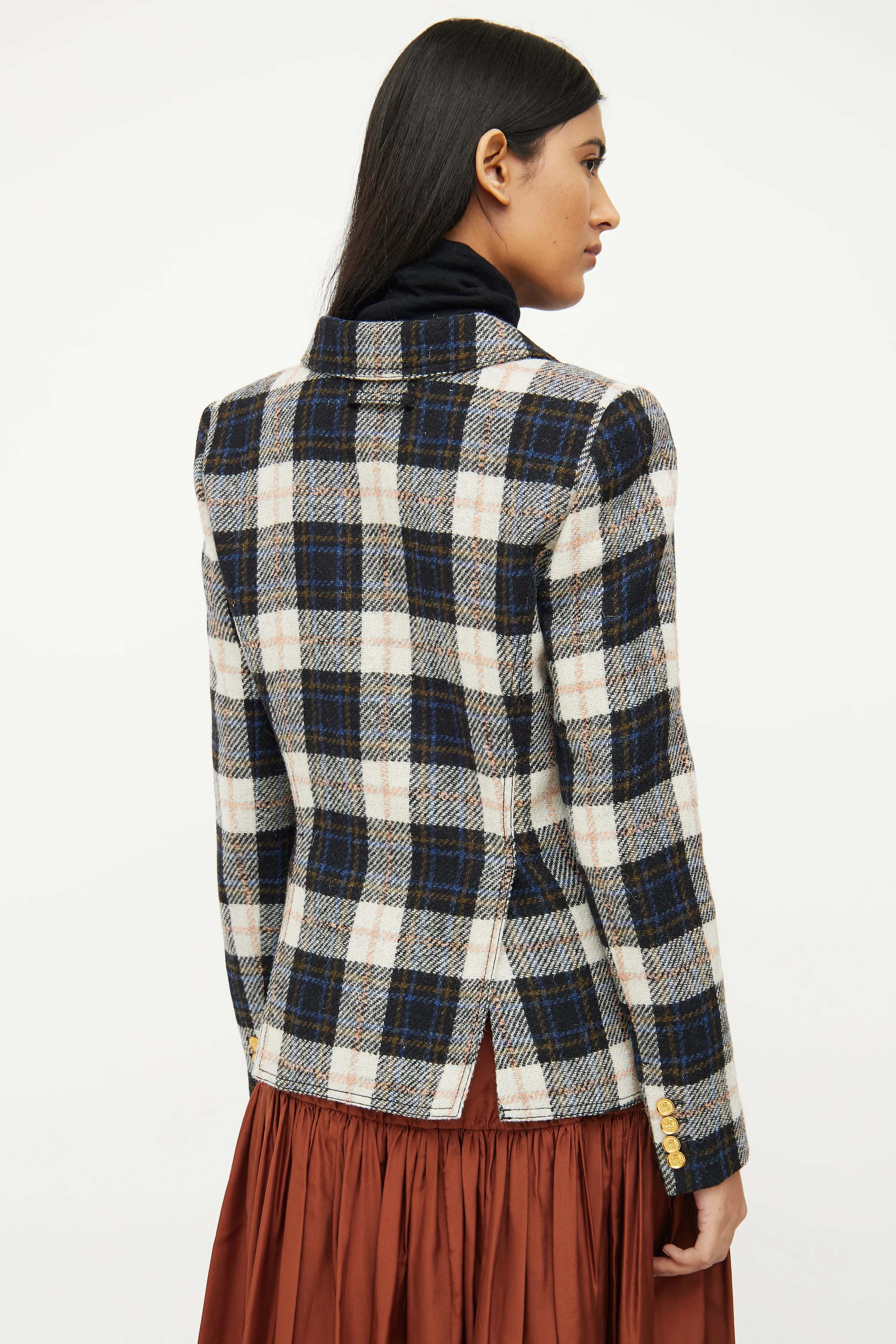Navy & Cream Plaid Button Blazer
