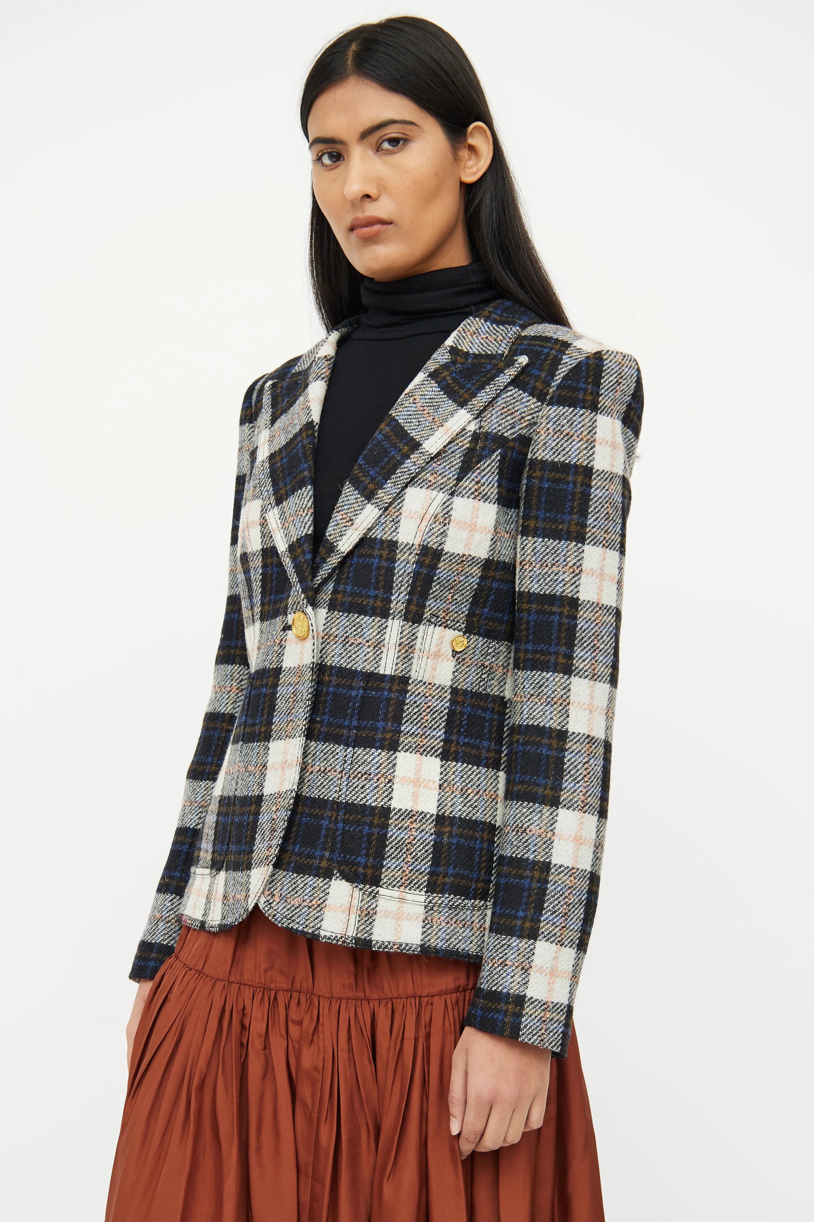 Navy & Cream Plaid Button Blazer