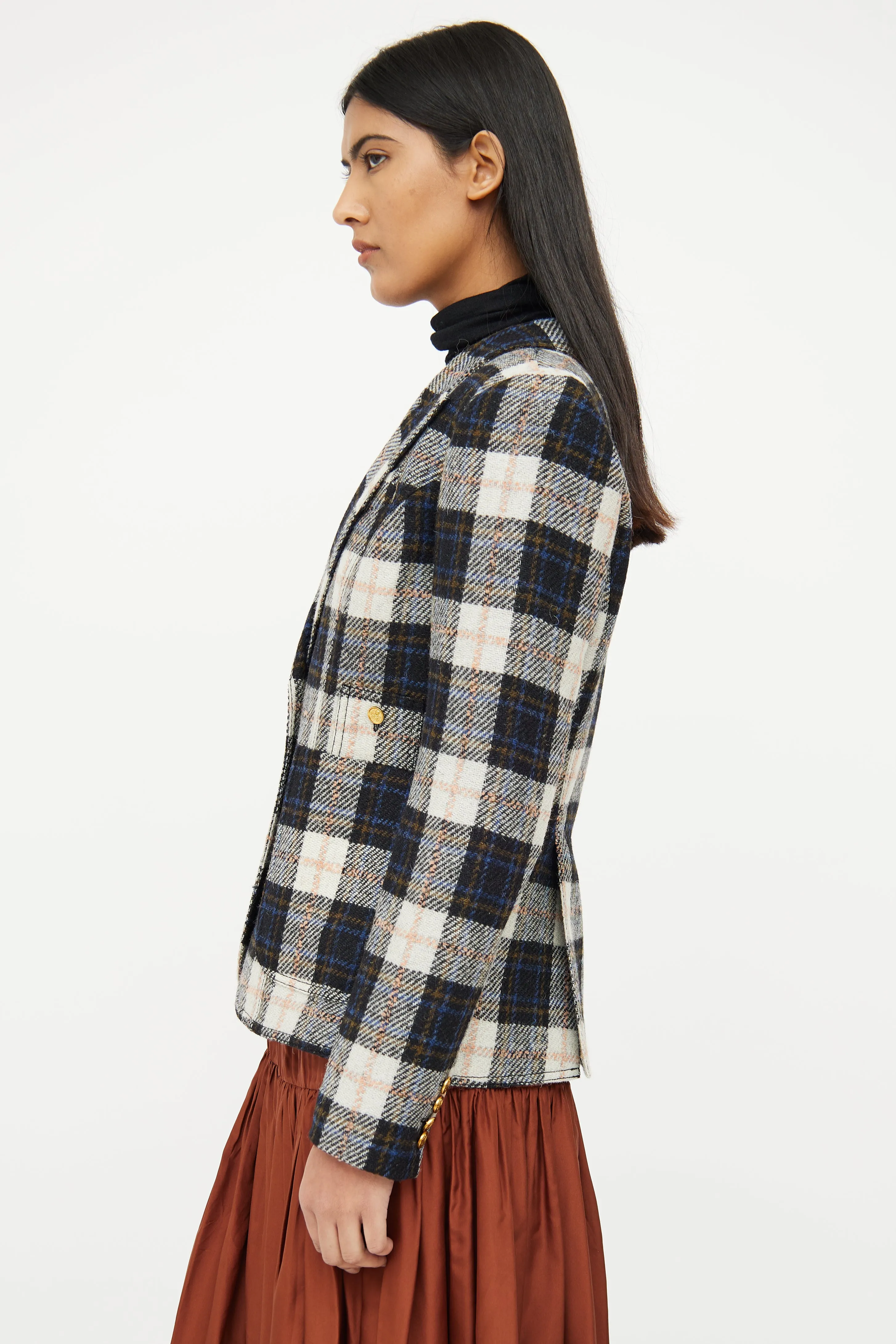 Navy & Cream Plaid Button Blazer