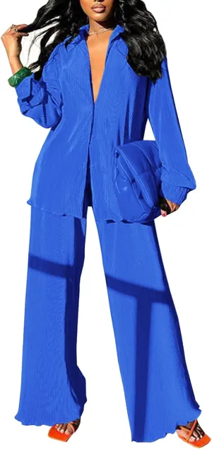 Neyaolk Women Pleated 2 Piece Pants Outfits Casual Loose Button Shirt Blouse Top Long Wide Leg Palazzo Pants Set Jumpsuit