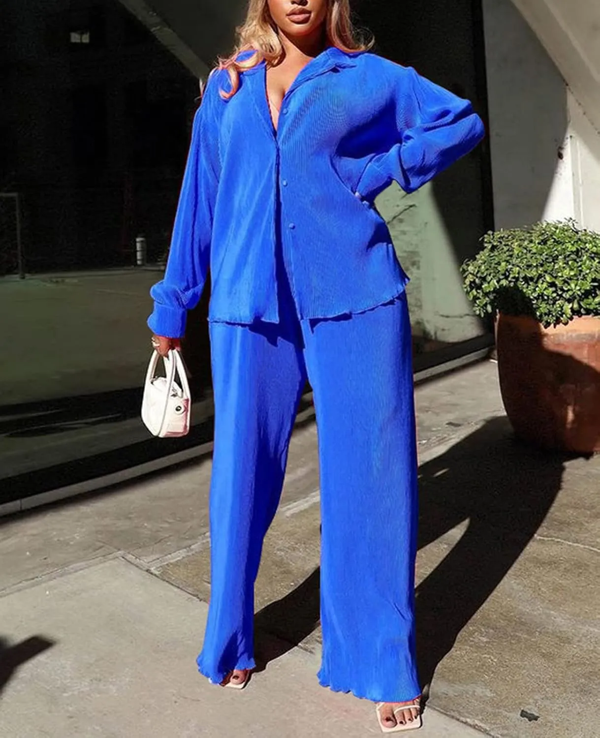 Neyaolk Women Pleated 2 Piece Pants Outfits Casual Loose Button Shirt Blouse Top Long Wide Leg Palazzo Pants Set Jumpsuit