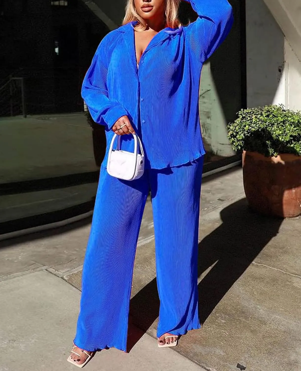 Neyaolk Women Pleated 2 Piece Pants Outfits Casual Loose Button Shirt Blouse Top Long Wide Leg Palazzo Pants Set Jumpsuit