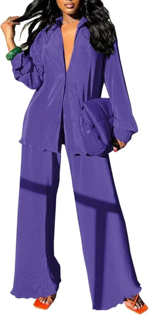 Neyaolk Women Pleated 2 Piece Pants Outfits Casual Loose Button Shirt Blouse Top Long Wide Leg Palazzo Pants Set Jumpsuit