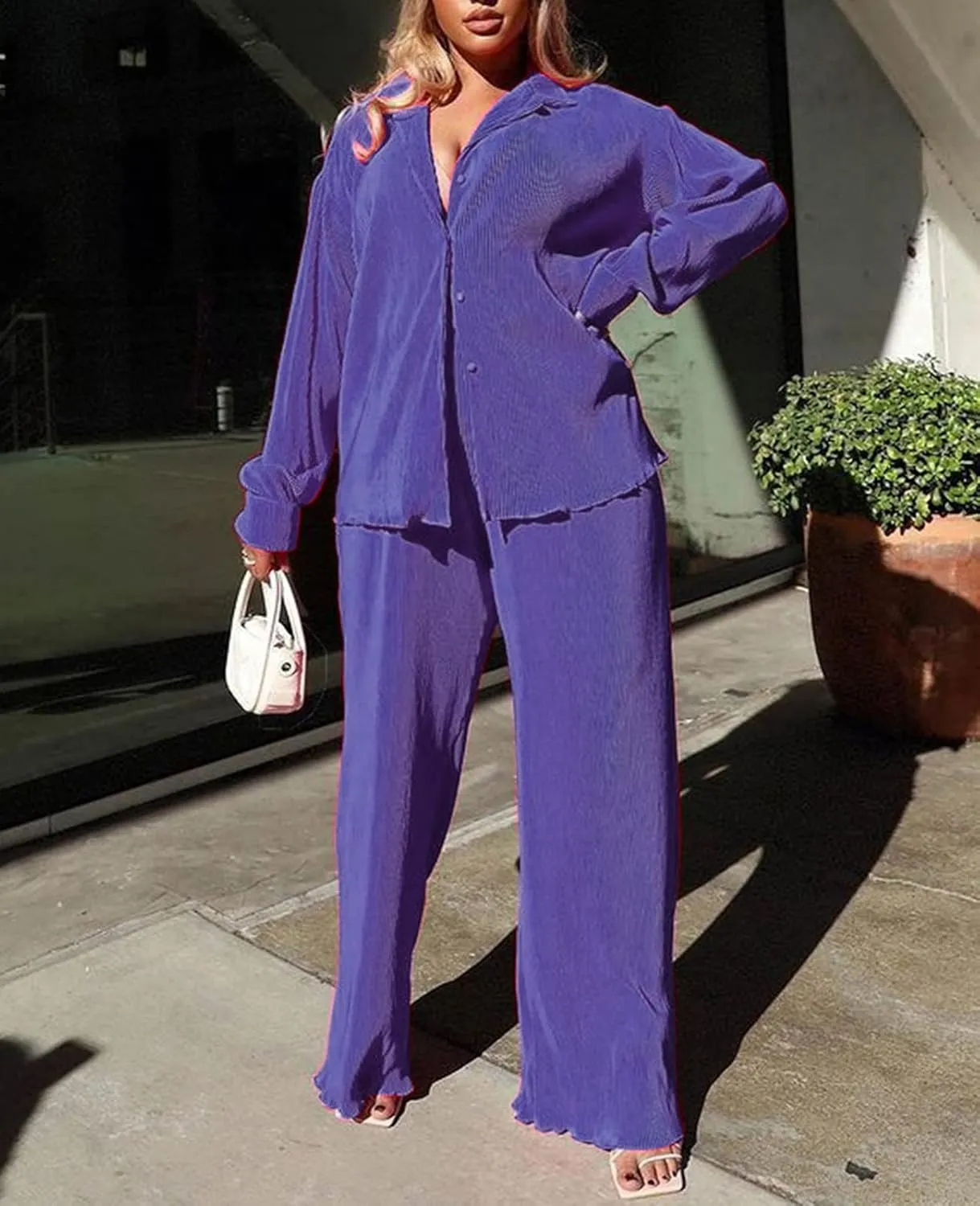 Neyaolk Women Pleated 2 Piece Pants Outfits Casual Loose Button Shirt Blouse Top Long Wide Leg Palazzo Pants Set Jumpsuit