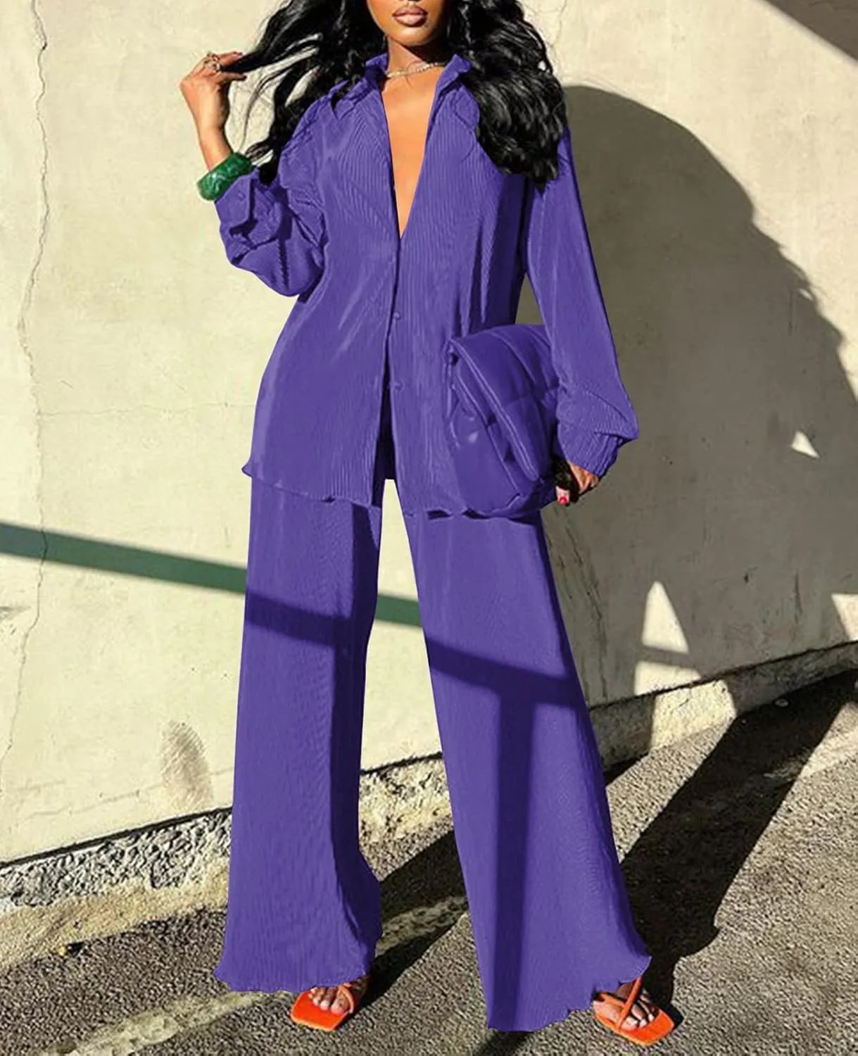 Neyaolk Women Pleated 2 Piece Pants Outfits Casual Loose Button Shirt Blouse Top Long Wide Leg Palazzo Pants Set Jumpsuit