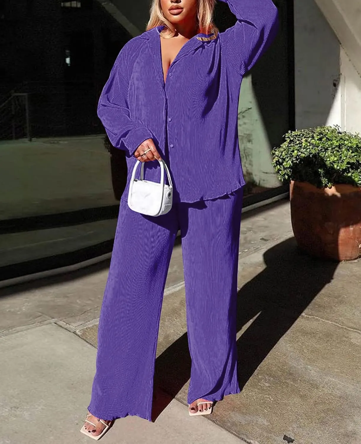 Neyaolk Women Pleated 2 Piece Pants Outfits Casual Loose Button Shirt Blouse Top Long Wide Leg Palazzo Pants Set Jumpsuit