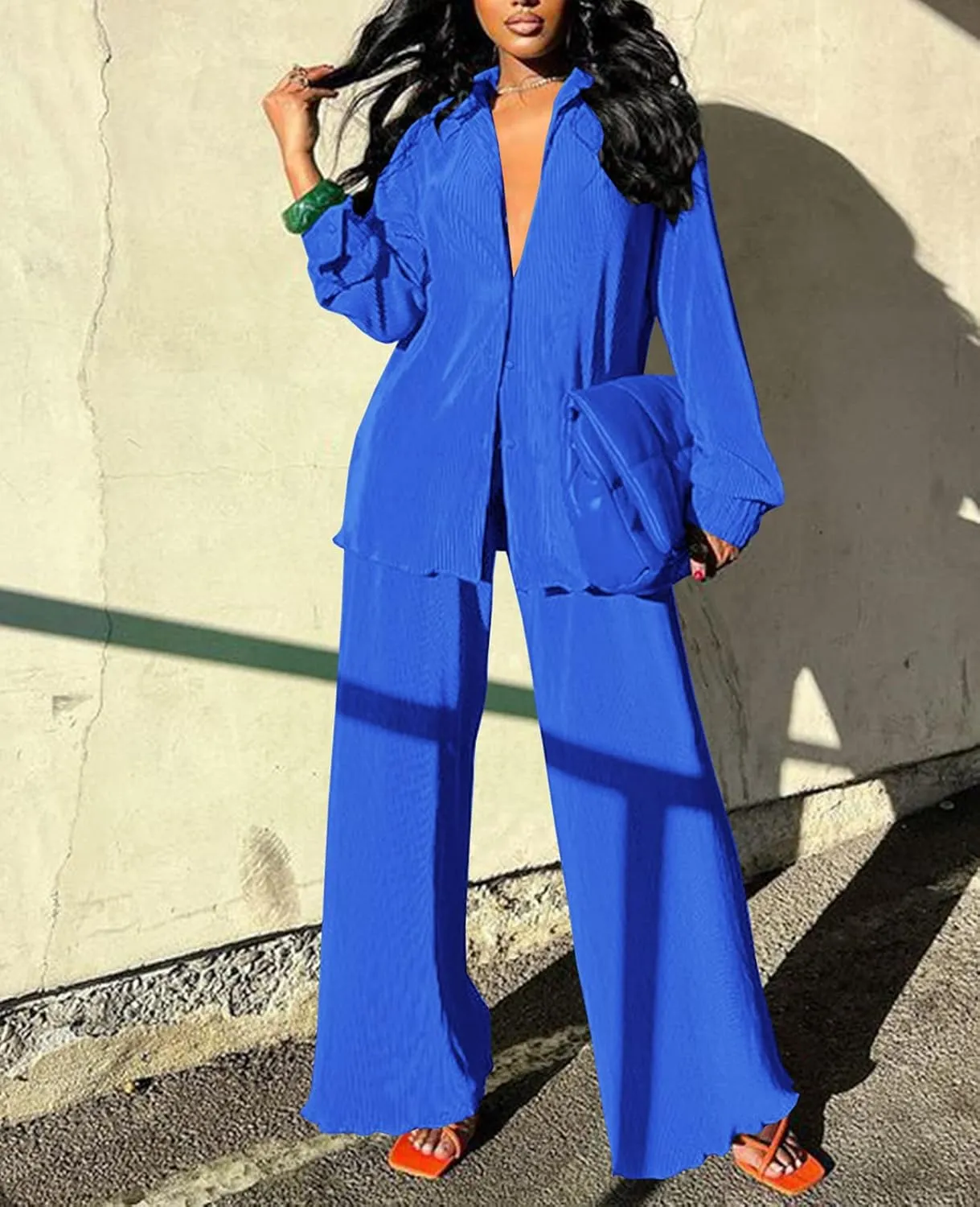 Neyaolk Women Pleated 2 Piece Pants Outfits Casual Loose Button Shirt Blouse Top Long Wide Leg Palazzo Pants Set Jumpsuit