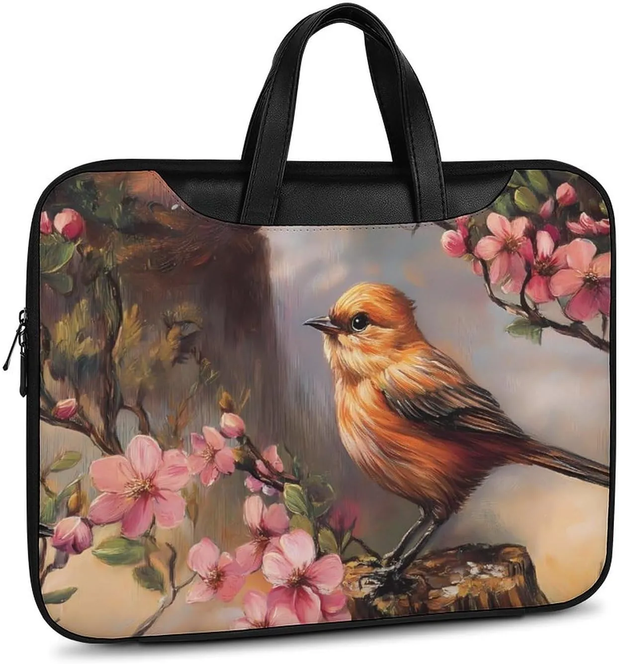 Oil Painting Bird And Flowers Leather Bag Laptop Case Slim Water Resistant Computer Bags with Handle Briefcase for Work