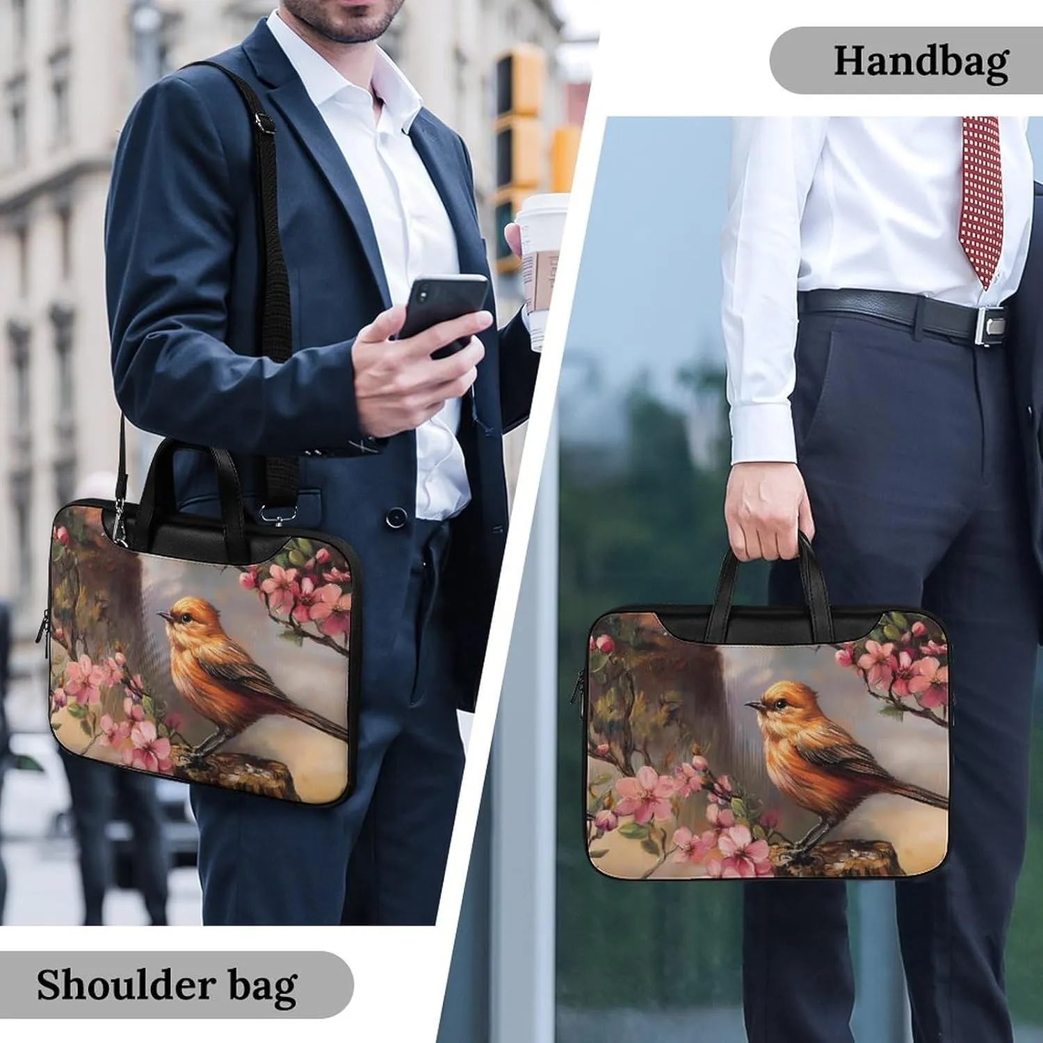 Oil Painting Bird And Flowers Leather Bag Laptop Case Slim Water Resistant Computer Bags with Handle Briefcase for Work