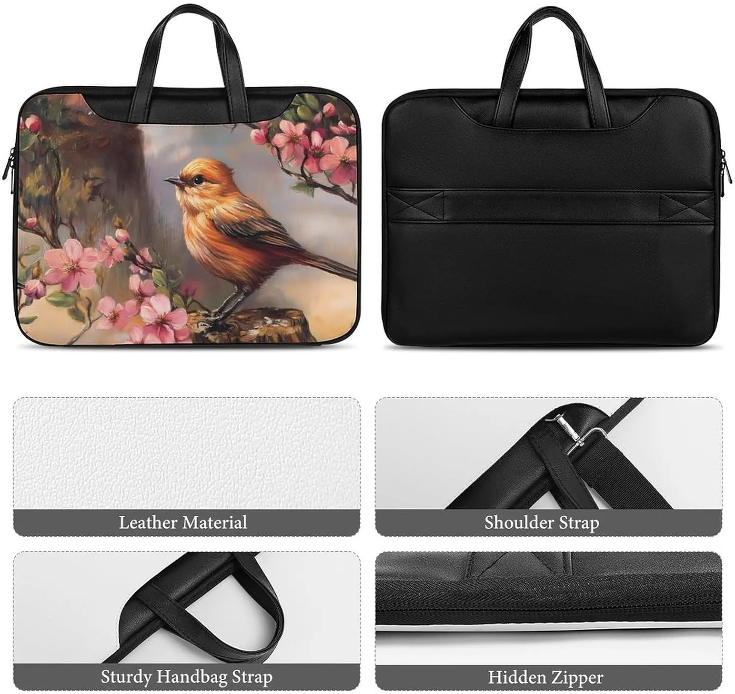 Oil Painting Bird And Flowers Leather Bag Laptop Case Slim Water Resistant Computer Bags with Handle Briefcase for Work