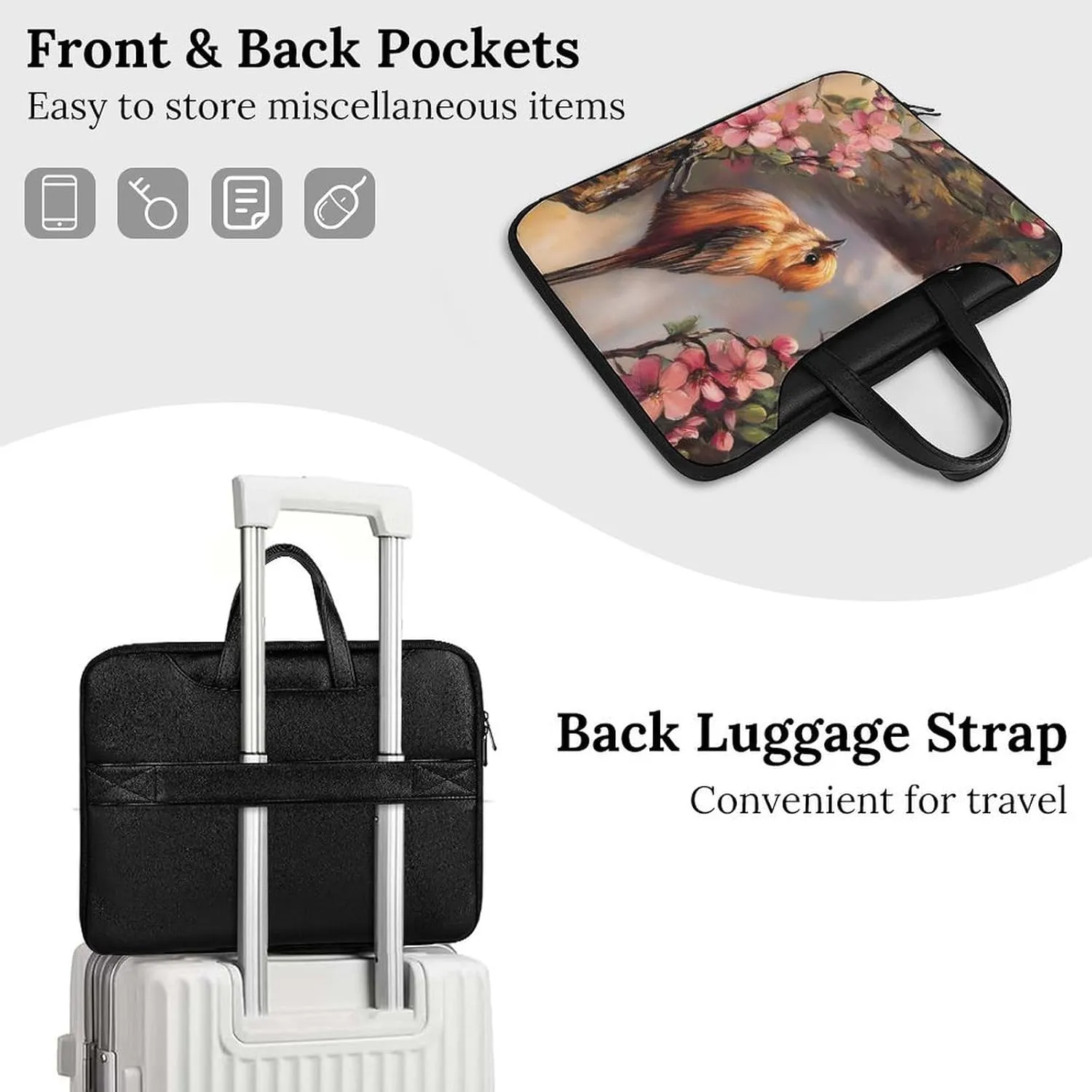 Oil Painting Bird And Flowers Leather Bag Laptop Case Slim Water Resistant Computer Bags with Handle Briefcase for Work