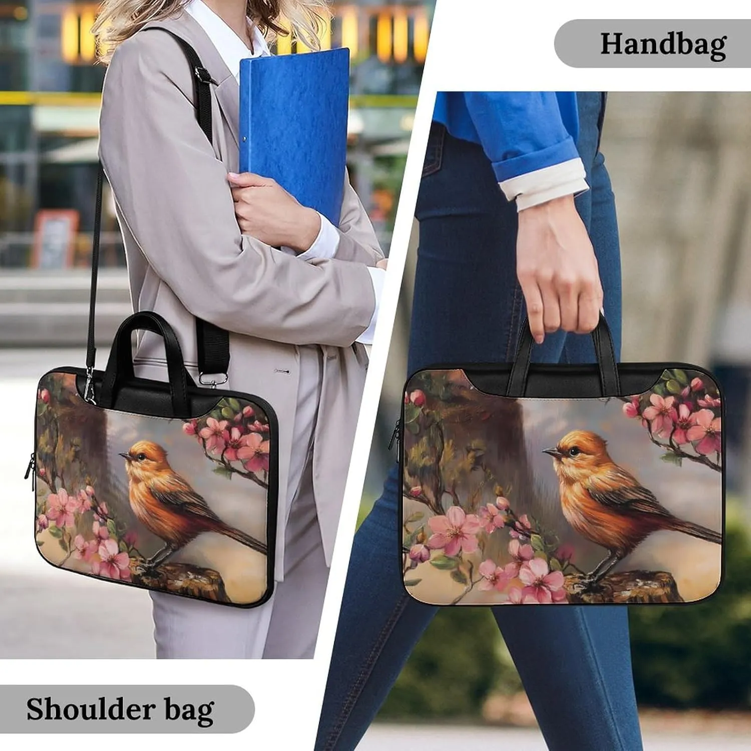 Oil Painting Bird And Flowers Leather Bag Laptop Case Slim Water Resistant Computer Bags with Handle Briefcase for Work