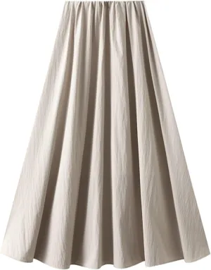 Oplxuo Women's Plain Long Skirt Elastic High Waisted Pleated A Line Midi Skirts Solid Color Casual Party Skirts