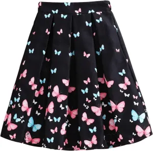 OYOANGLE Girl's Butterfly Print Pleated Flared Skirt Elastic Waist A- Line Midi Skirts