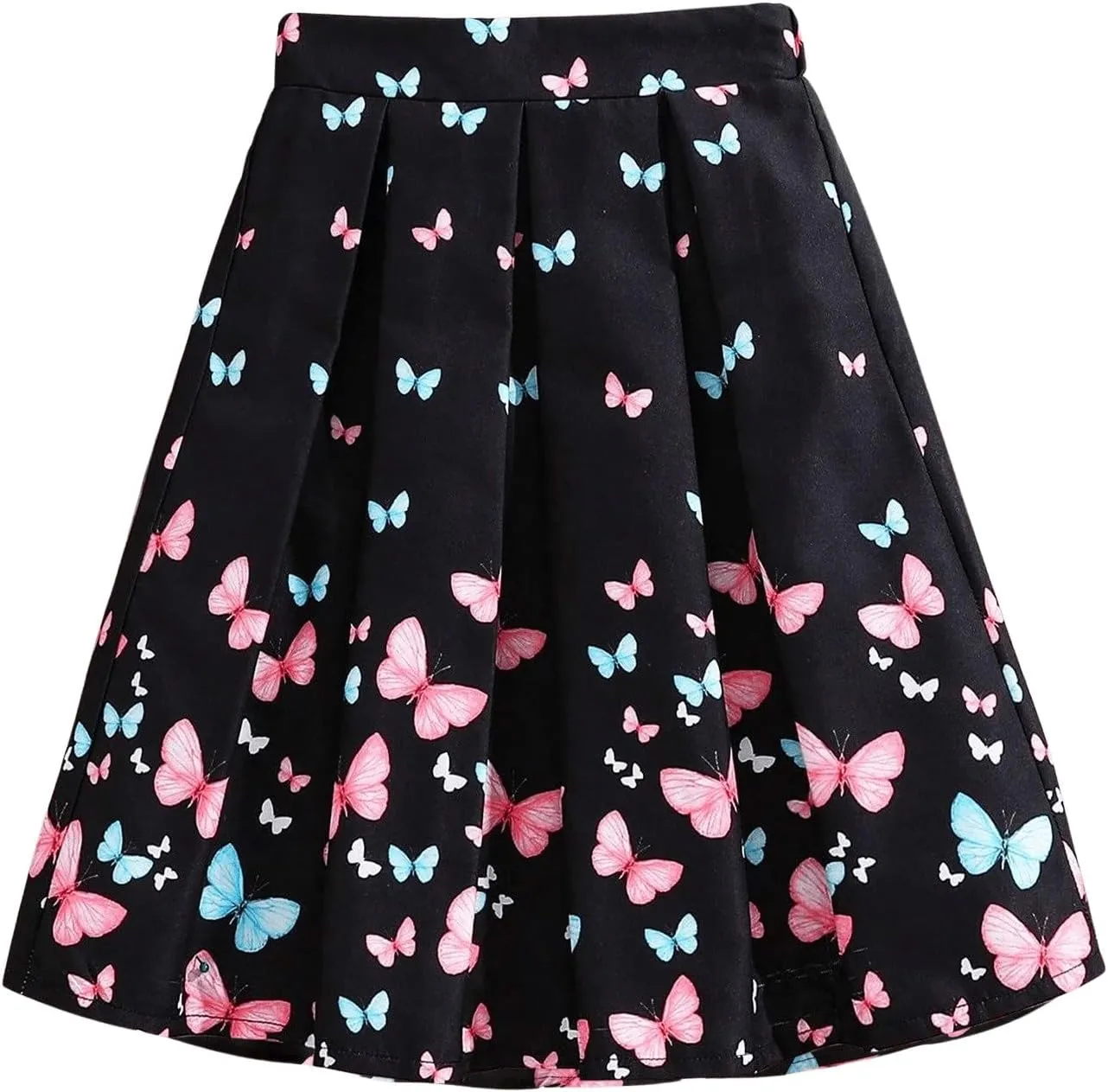 OYOANGLE Girl's Butterfly Print Pleated Flared Skirt Elastic Waist A- Line Midi Skirts