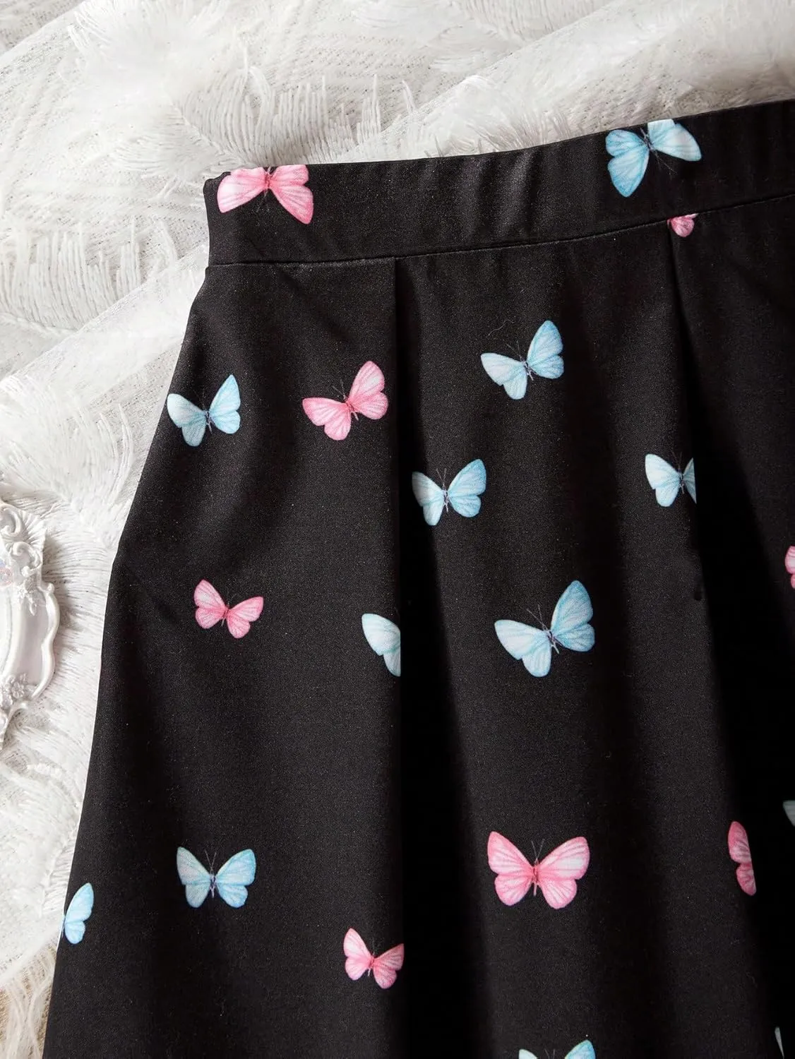 OYOANGLE Girl's Butterfly Print Pleated Flared Skirt Elastic Waist A- Line Midi Skirts