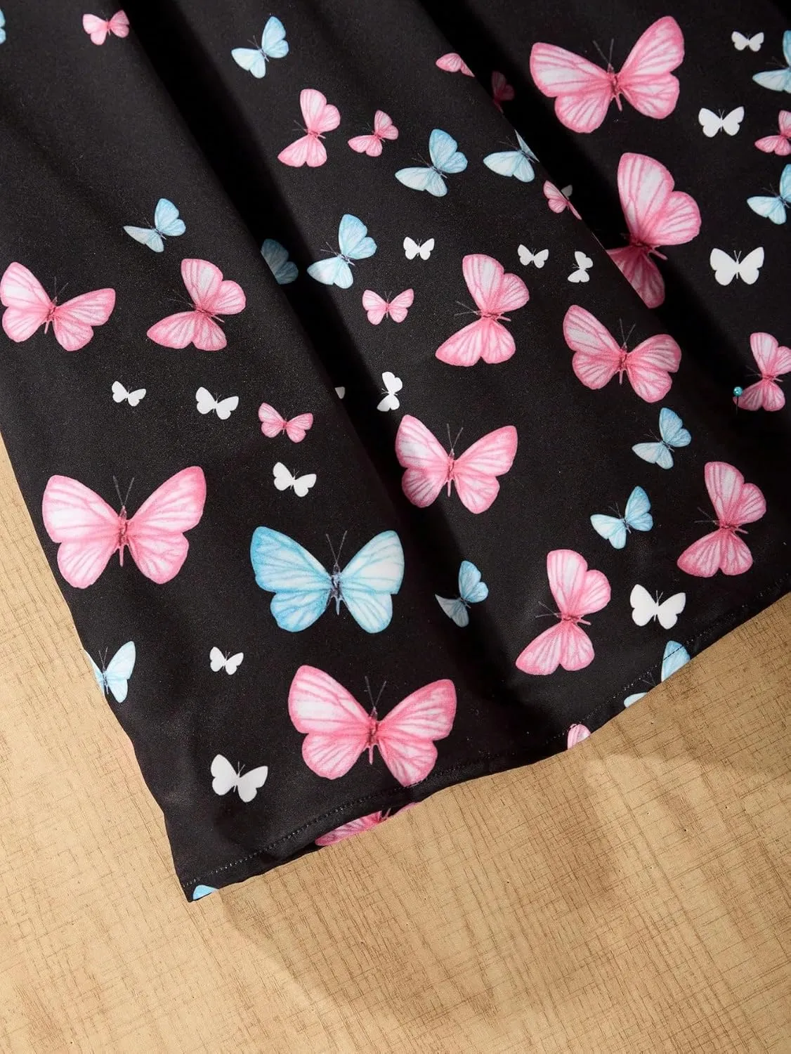 OYOANGLE Girl's Butterfly Print Pleated Flared Skirt Elastic Waist A- Line Midi Skirts