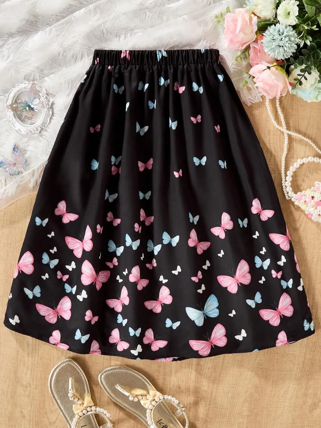 OYOANGLE Girl's Butterfly Print Pleated Flared Skirt Elastic Waist A- Line Midi Skirts