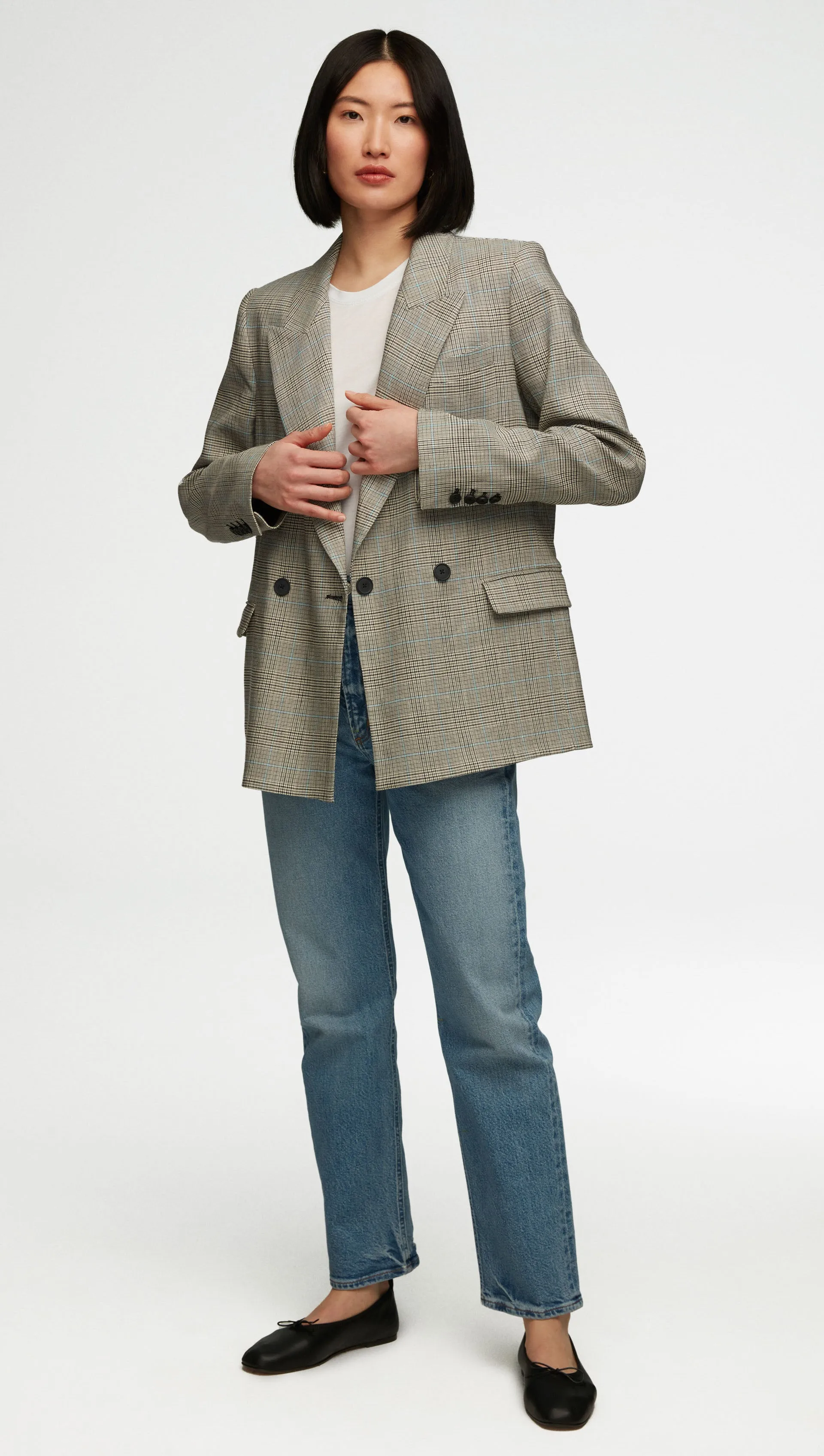 Peak Lapel Blazer in Houndstooth Plaid | Grey Multi