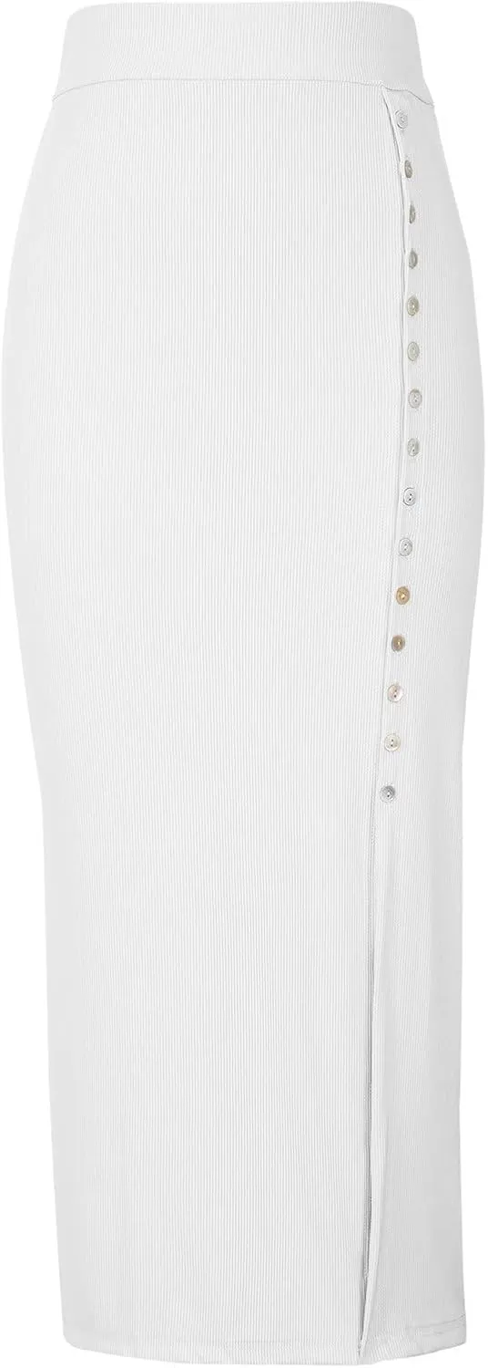 Pencil Skirt for Women Rib Knit Midi Skirt with Split High Waisted Bodycon Skirt Stretch Long Skirt Business Skirts