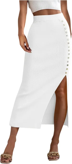 Pencil Skirt for Women Rib Knit Midi Skirt with Split High Waisted Bodycon Skirt Stretch Long Skirt Business Skirts