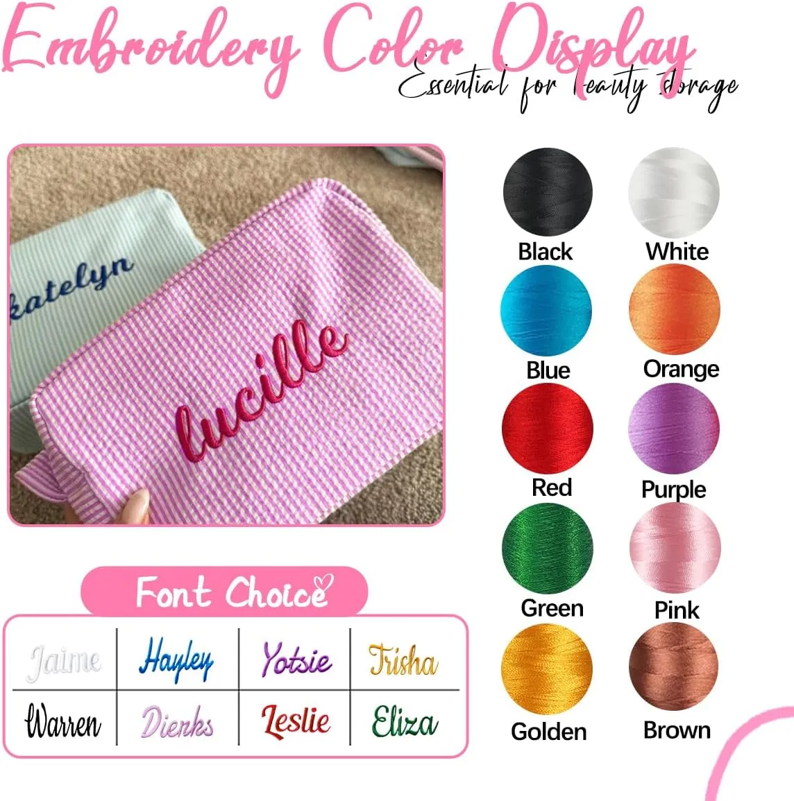 Personalized Custom Embroidered Name Deep Purple Makeup Bags, Travel Toiletry bag, Seersucker Cosmetic Bag for Women Gifts