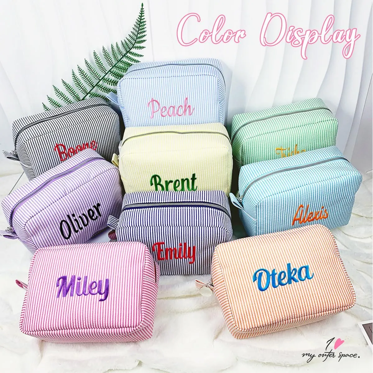 Personalized Custom Embroidered Name Deep Purple Makeup Bags, Travel Toiletry bag, Seersucker Cosmetic Bag for Women Gifts