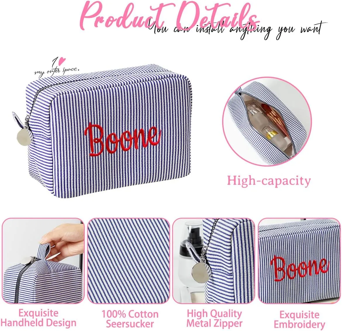 Personalized Custom Embroidered Name Deep Purple Makeup Bags, Travel Toiletry bag, Seersucker Cosmetic Bag for Women Gifts
