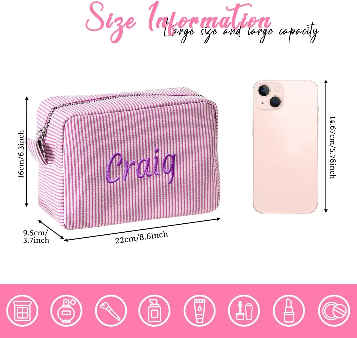 Personalized Custom Embroidered Name Deep Purple Makeup Bags, Travel Toiletry bag, Seersucker Cosmetic Bag for Women Gifts