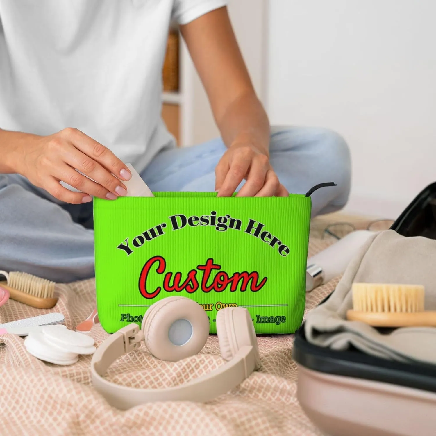 Personalized Custom Makeup Bag Add Your Own Photo Text Name Logo Image Cosmetic Bags Green Customized Gift Women